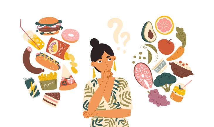 Grafik af kvinde omgivet af sundt og usundt mad
